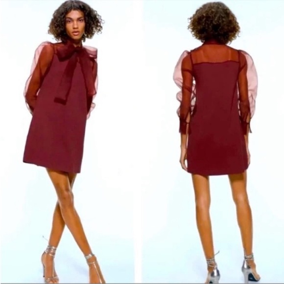 ZARA Bordeaux Organza High Bow Guest Party Blogger Favorite Knit Mini Dress SZ M - Picture 3 of 16